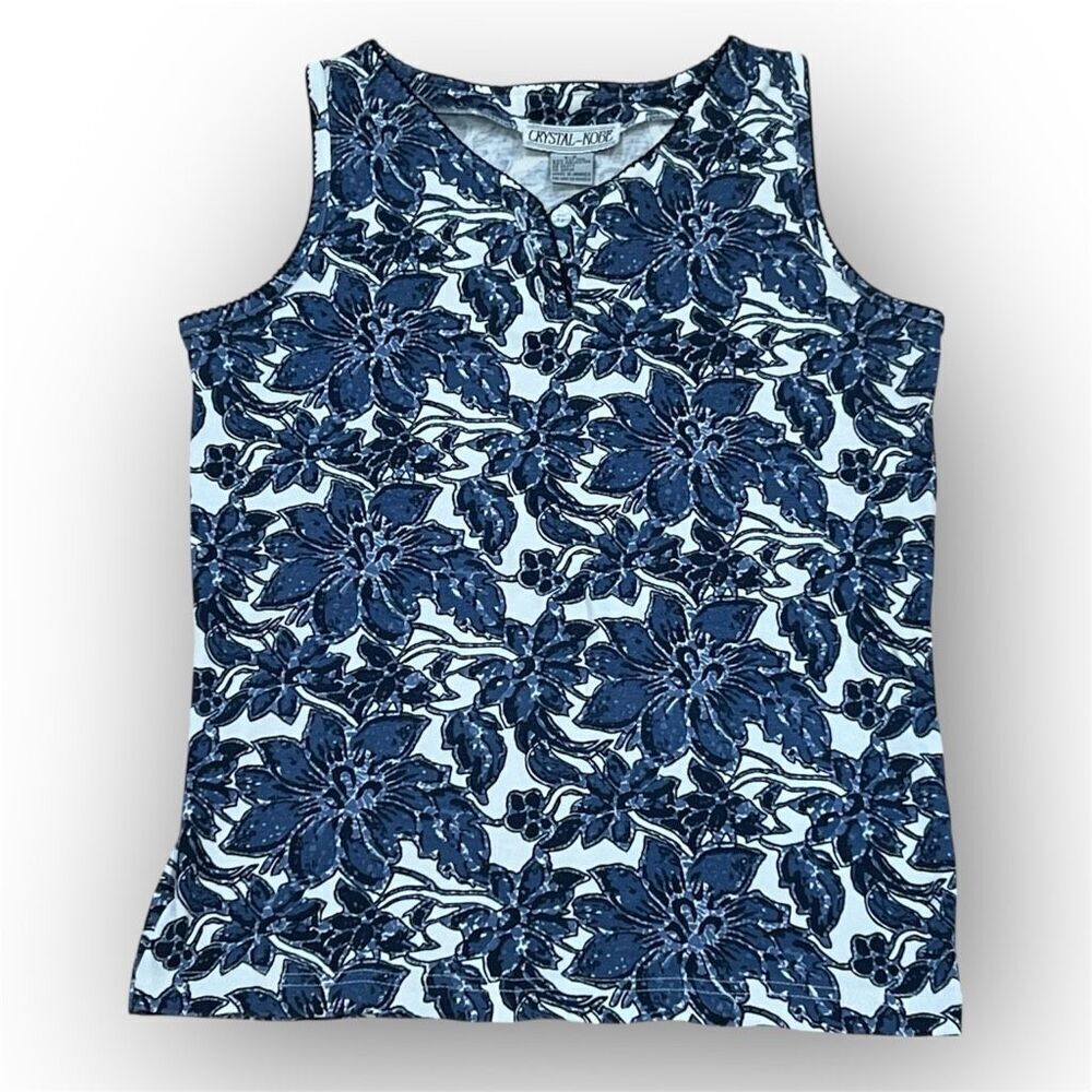 Crystal-Kobe, Blue & White Floral Vine Print Vintage Tank, Women’s Small